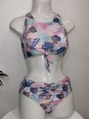 Women’s Floral Tie-Front High-Neck Bikini Set - Pink Multi